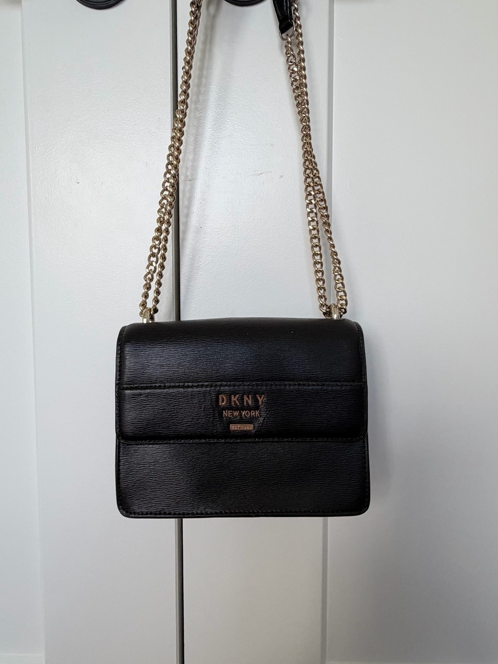 DKNY Black Leather Crossbody with Gold Chain Strap